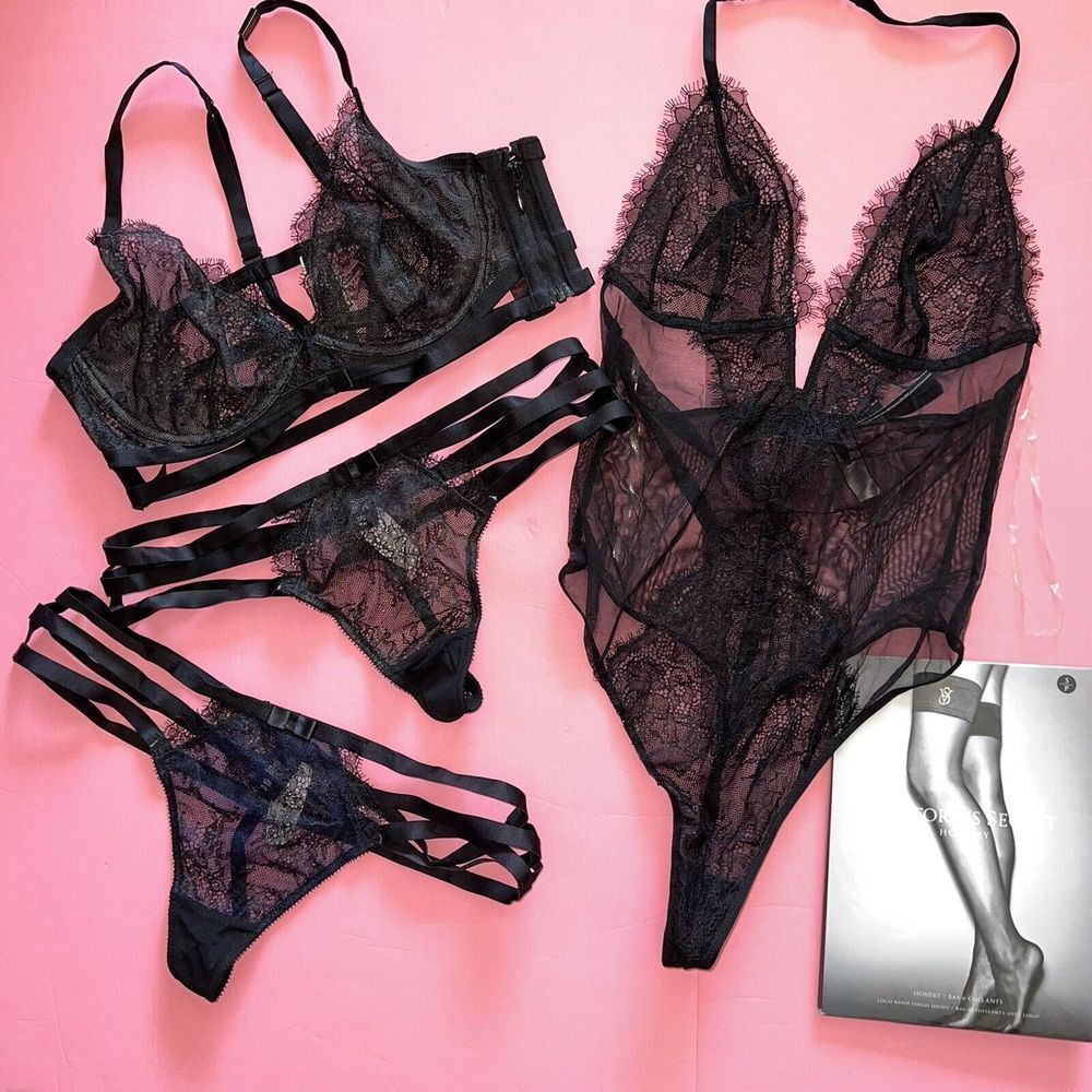 Victoria's Secret unlined 36C BRA SET M strappy thong lot Black Navy SCANDALOUS
